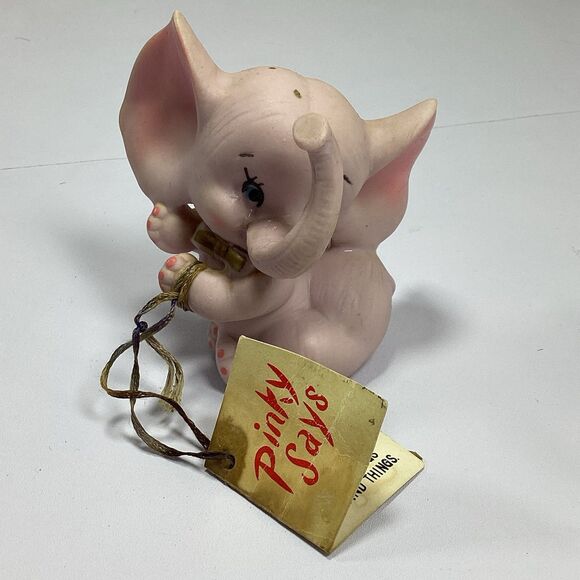 Vtg Papel Japan Pink Elephant Figure Ceramic With Tag Pinky Says Rings Luck - Picture 1 of 11